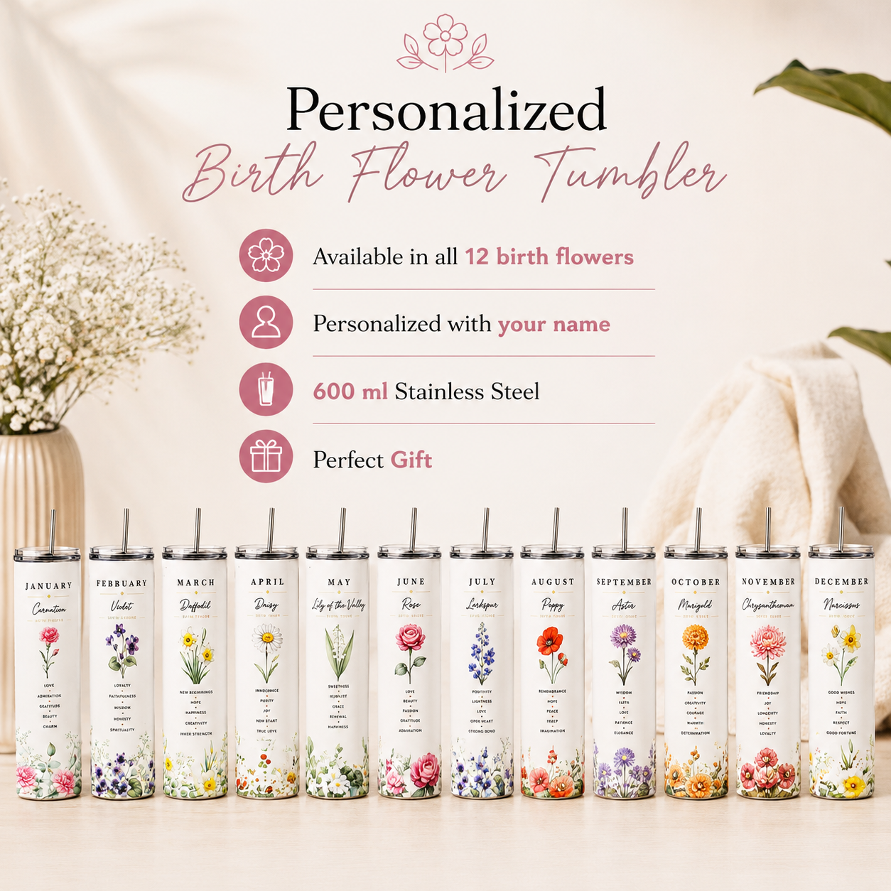 Personalized Birth Flower Tumbler- Custom Name Gift|600 ml