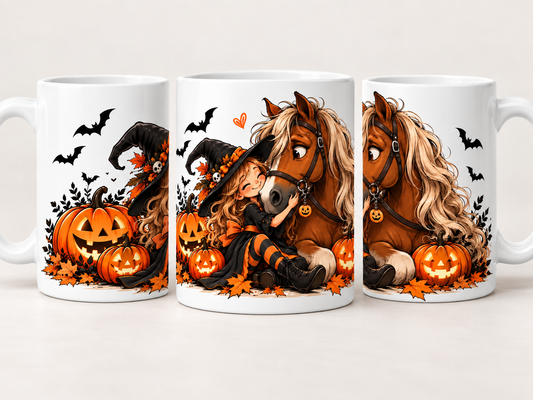 Three views of Halloween witch and horse ceramic mug showing wraparound design