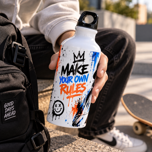 400ml graffiti water bottle with Make Your Own Rules design in everyday use