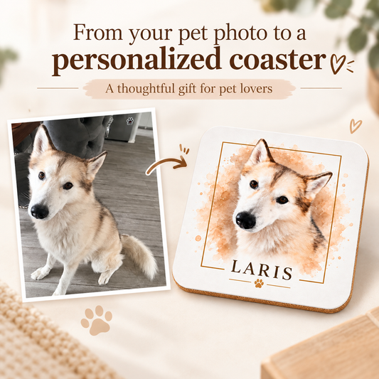 Pet photo transformed into a personalized pet portrait coaster