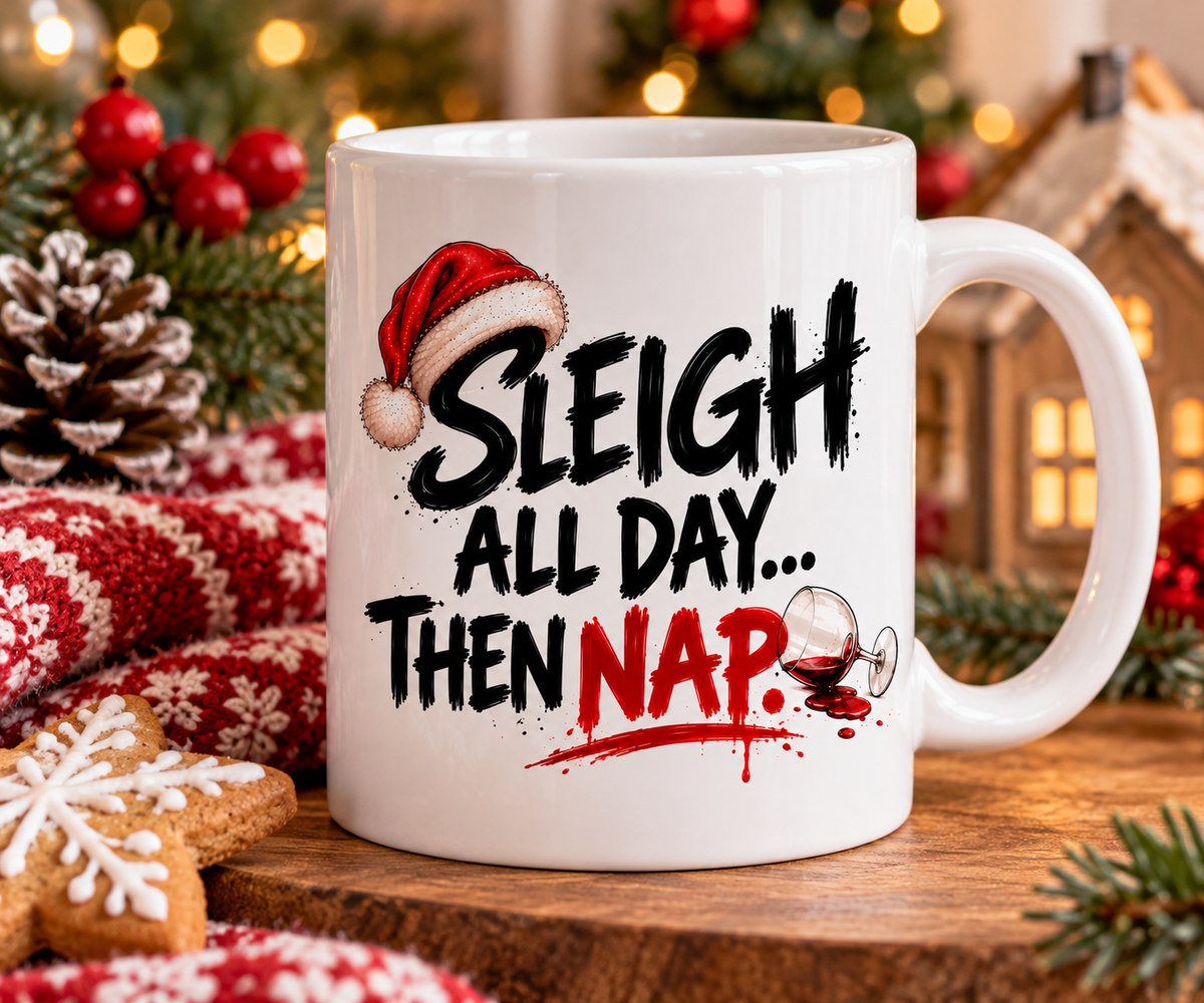 Funny Sleigh All Day Christmas mug displayed in a cosy festive setting with Christmas decorations