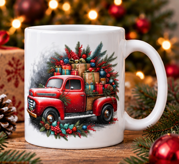 Christmas coffee mug with red pickup truck and festive gifts