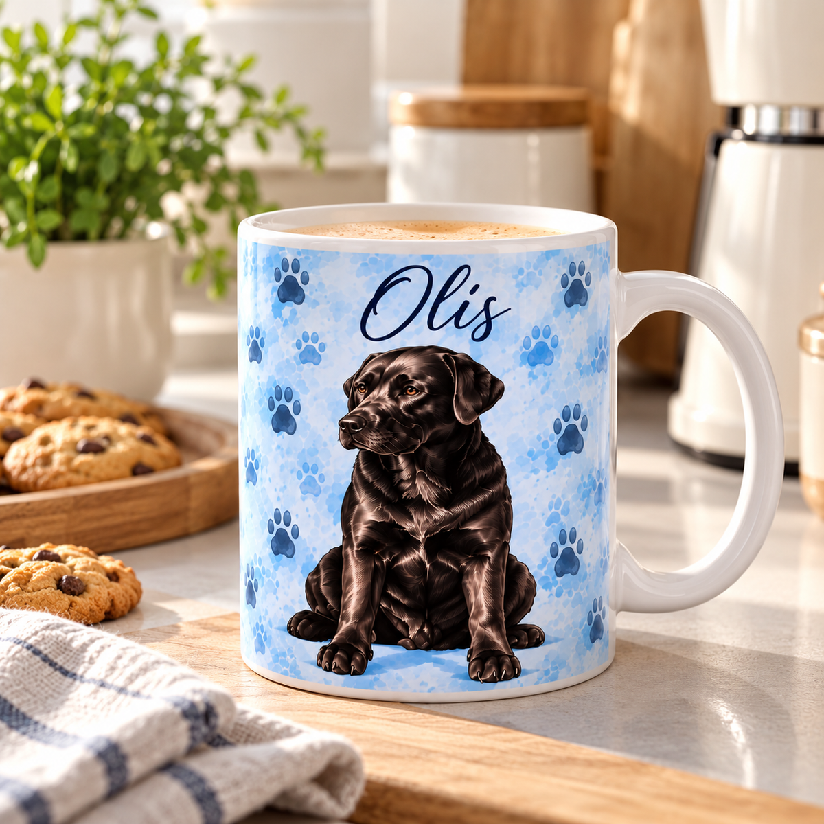 Personalized dog portrait mug with black Labrador Olis on a kitchen countertop