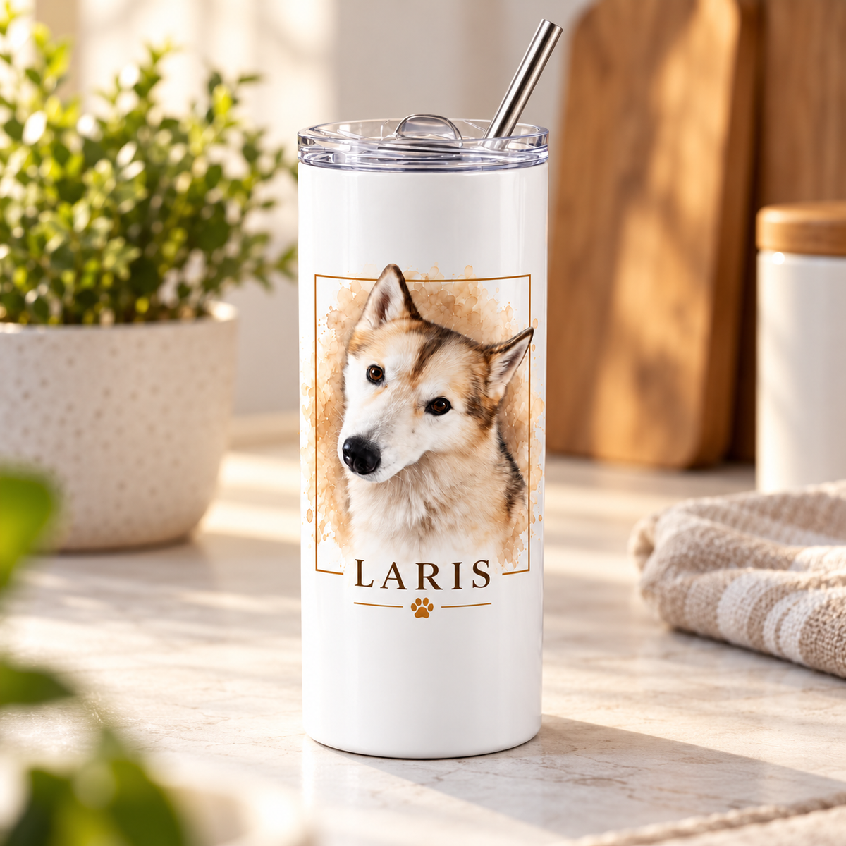 Custom pet photo tumbler displayed in a cozy kitchen setting