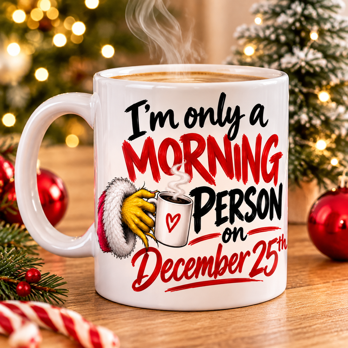 Funny Christmas coffee mug with festive decorations and hot chocolate