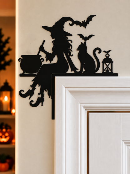 Witch and cauldron:
Black 3D printed Halloween door corner decoration with witch, bubbling cauldron, cat, bats and lantern