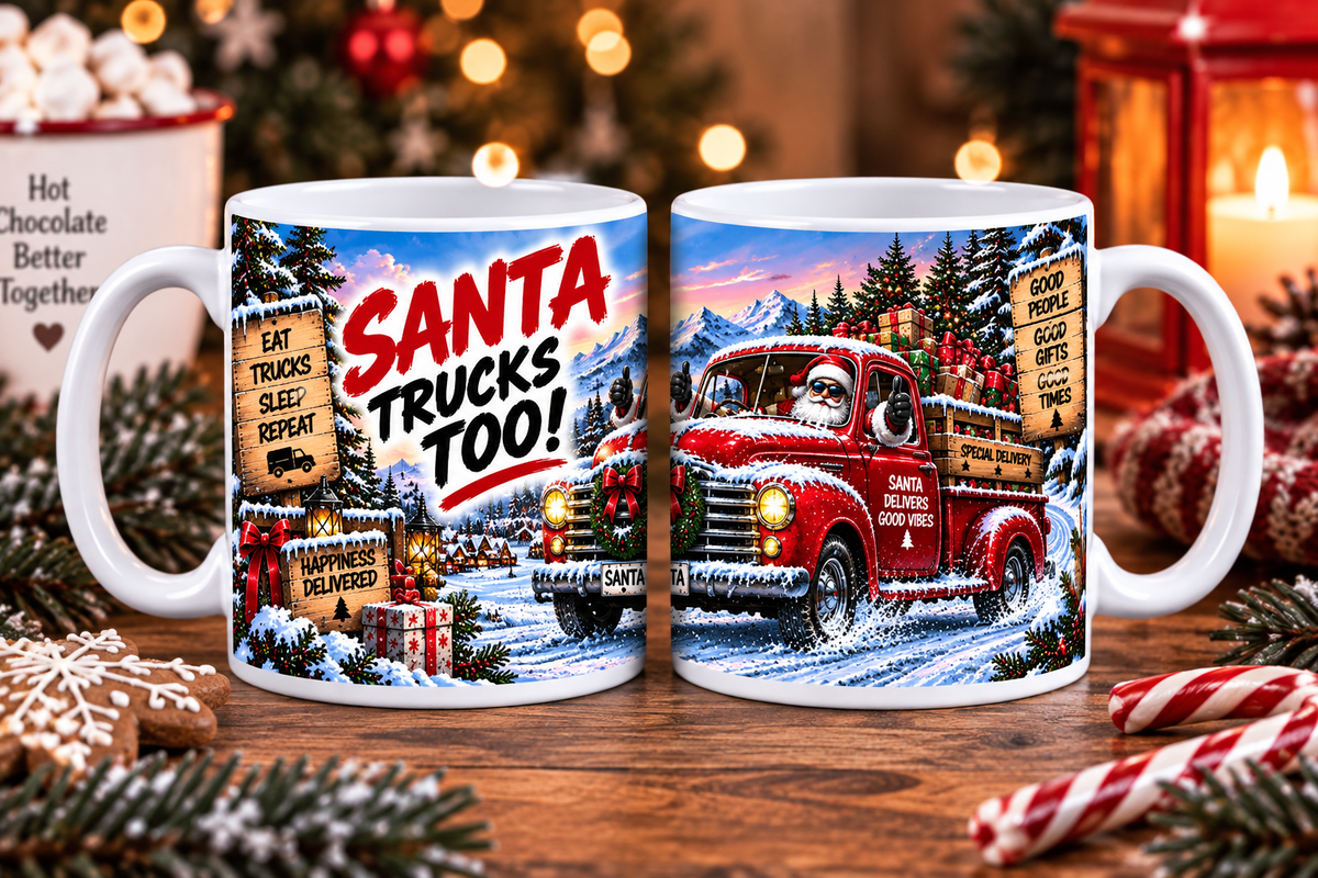 Truck: Santa Trucks Too Christmas mug for truck lovers