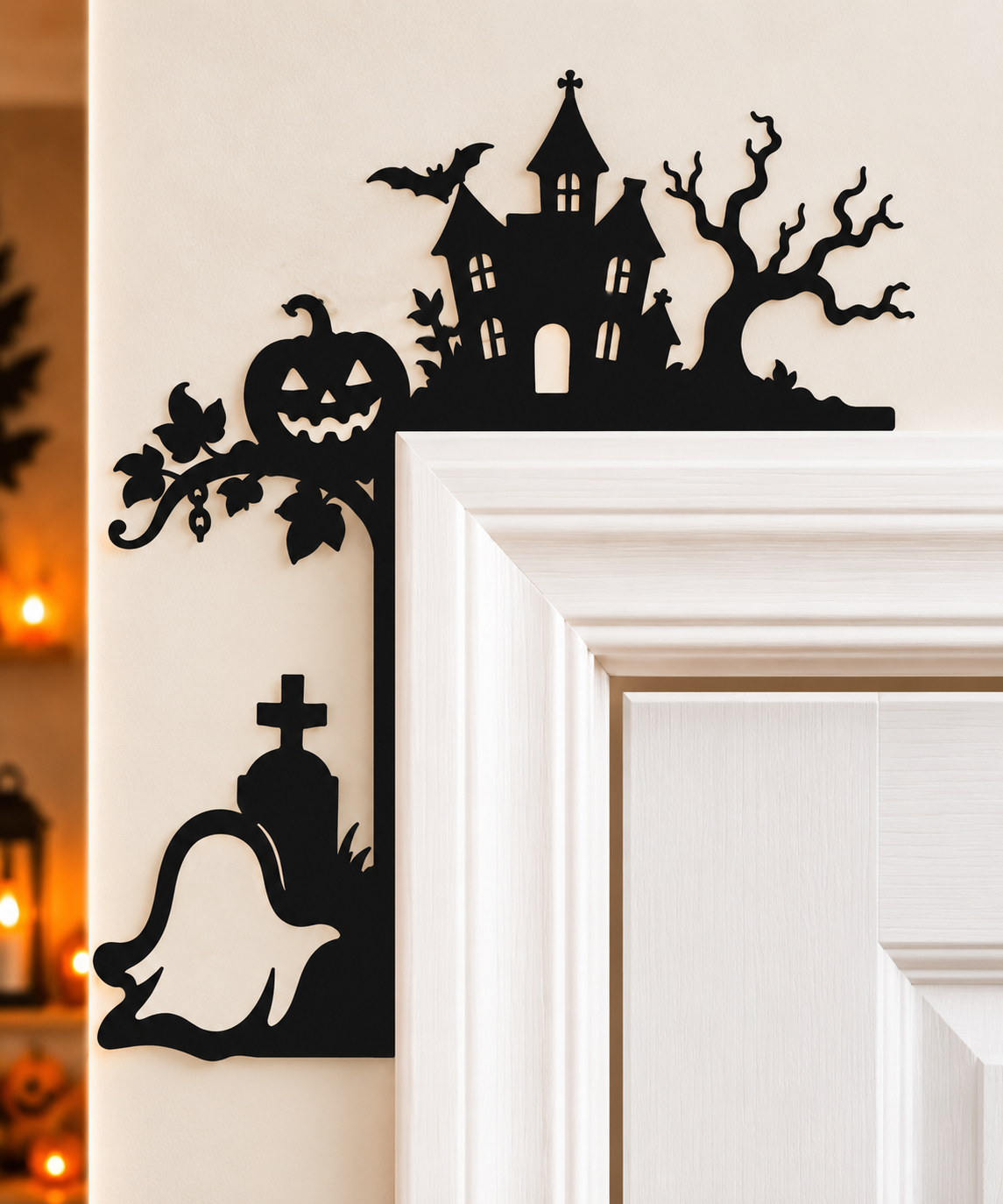  Haunted house:
Black Halloween door corner decoration with haunted house, bats, pumpkin, ghost, gravestone and lantern