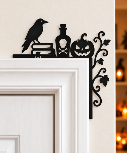  Raven and potion:
Black 3D printed Halloween door corner decor with raven, books, potion bottle, pumpkin and decorative vines