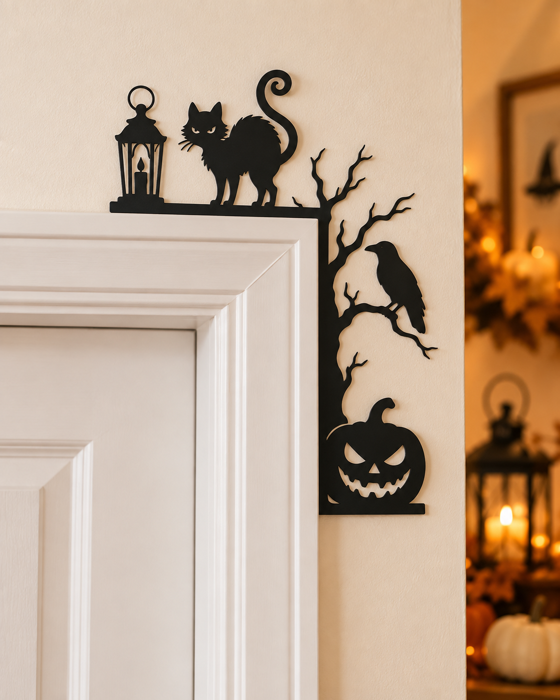  Cat and raven:
Black Halloween door frame corner decoration with black cat, raven, lantern, spooky tree and pumpkin