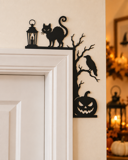  Cat and raven:
Black Halloween door frame corner decoration with black cat, raven, lantern, spooky tree and pumpkin
