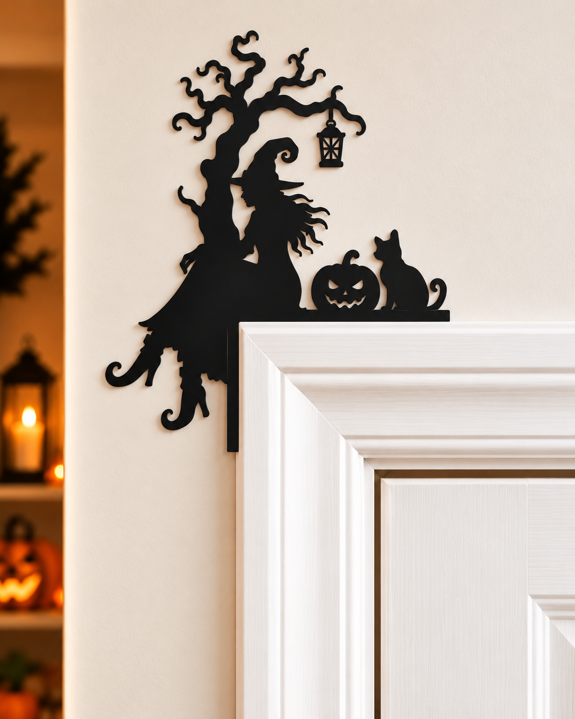 Witch under tree:
Black Halloween door corner decoration with witch, spooky tree, pumpkin, cat and hanging lantern