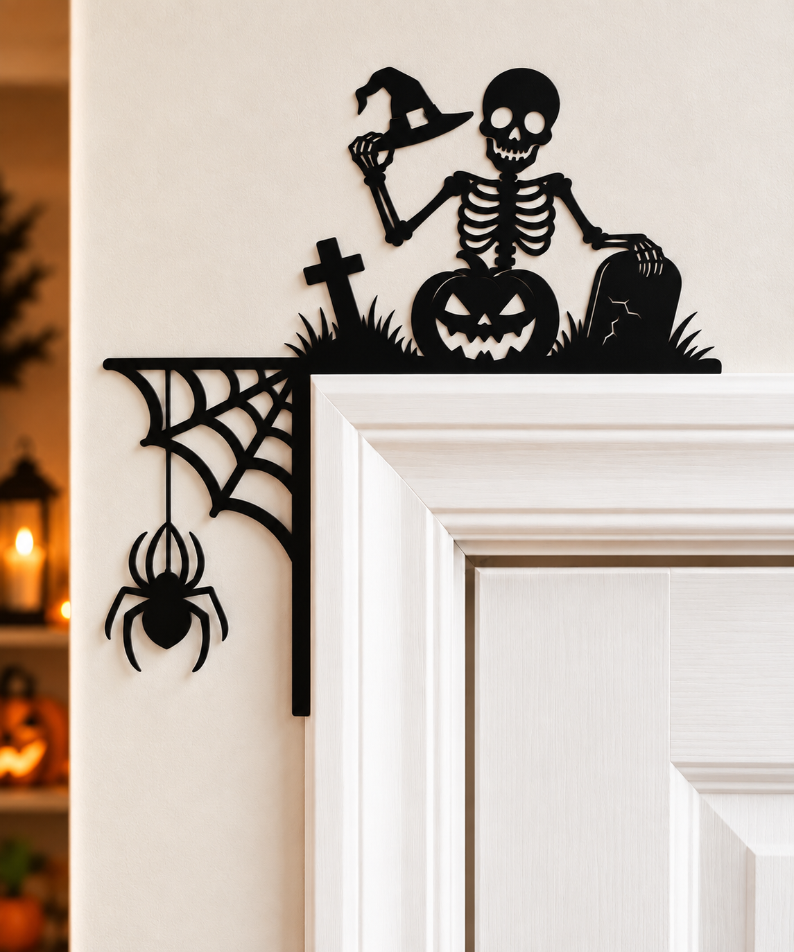 Black 3D printed Halloween door corner decoration with skeleton, pumpkin, gravestone and hanging spider