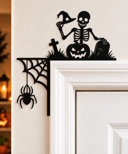 Black 3D printed Halloween door corner decoration with skeleton, pumpkin, gravestone and hanging spider