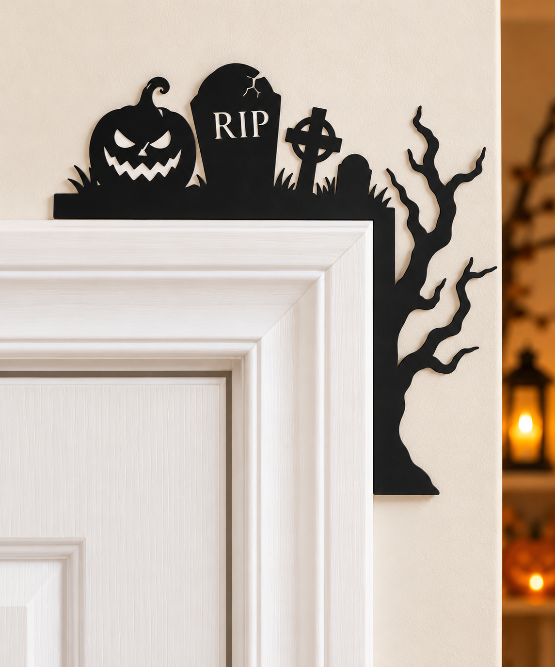 Graveyard:
Black Halloween door corner decoration with jack o lantern, RIP gravestone, cemetery cross and spooky tree