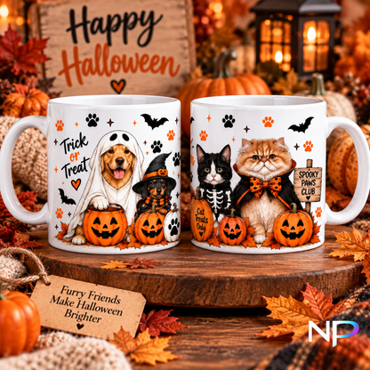 Halloween dog and cat mugs with cute pet designs, pumpkins and autumn decorations