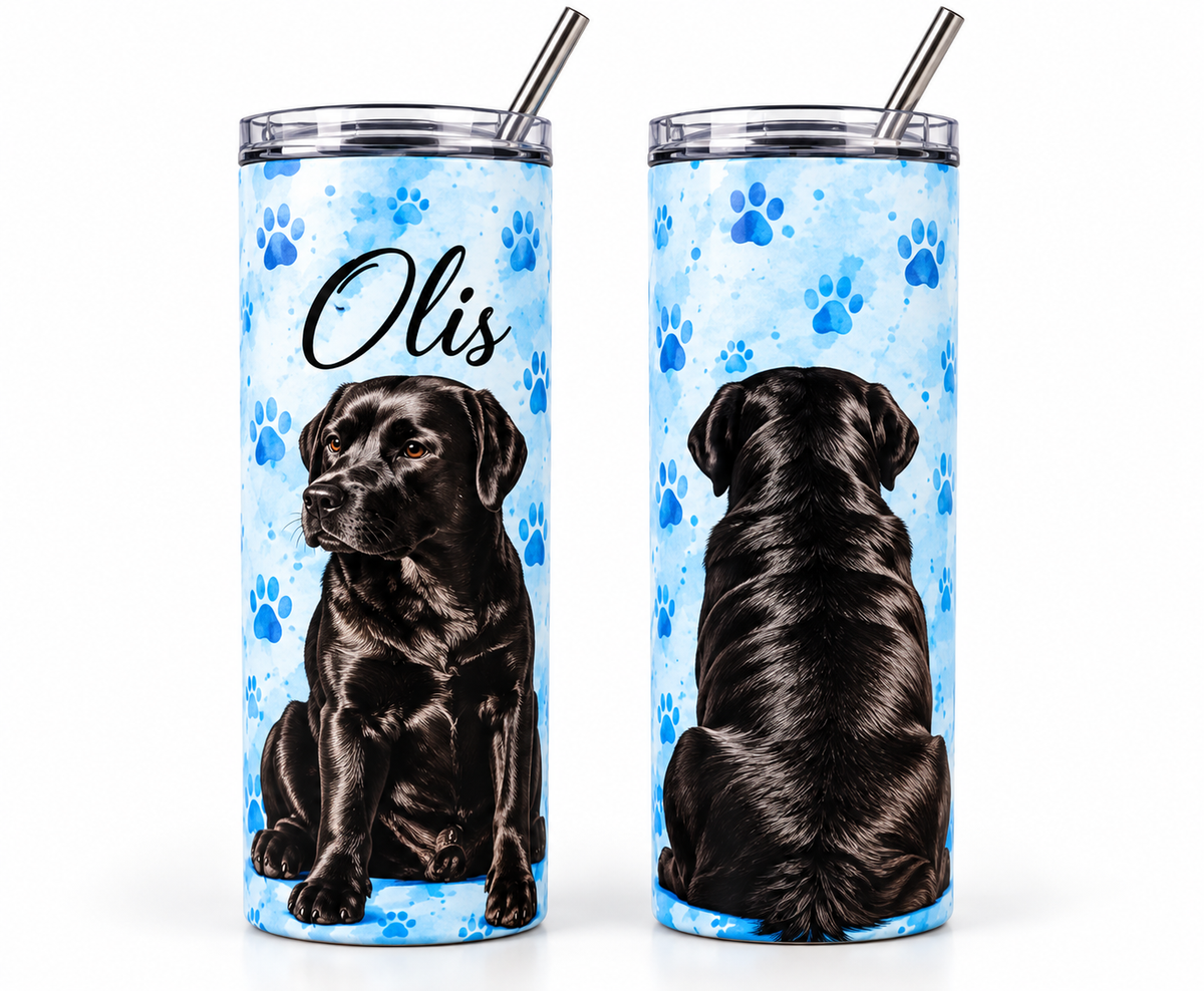 Personalized dog portrait tumbler with Olis front and back design