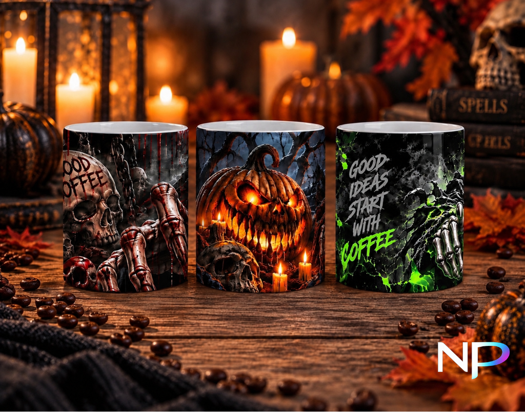 Halloween horror coffee mugs with skeleton pumpkin and grim reaper designs