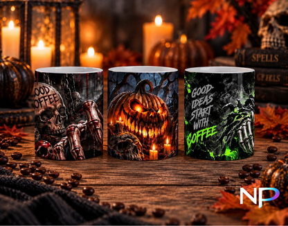 Halloween horror coffee mugs with skeleton pumpkin and grim reaper designs