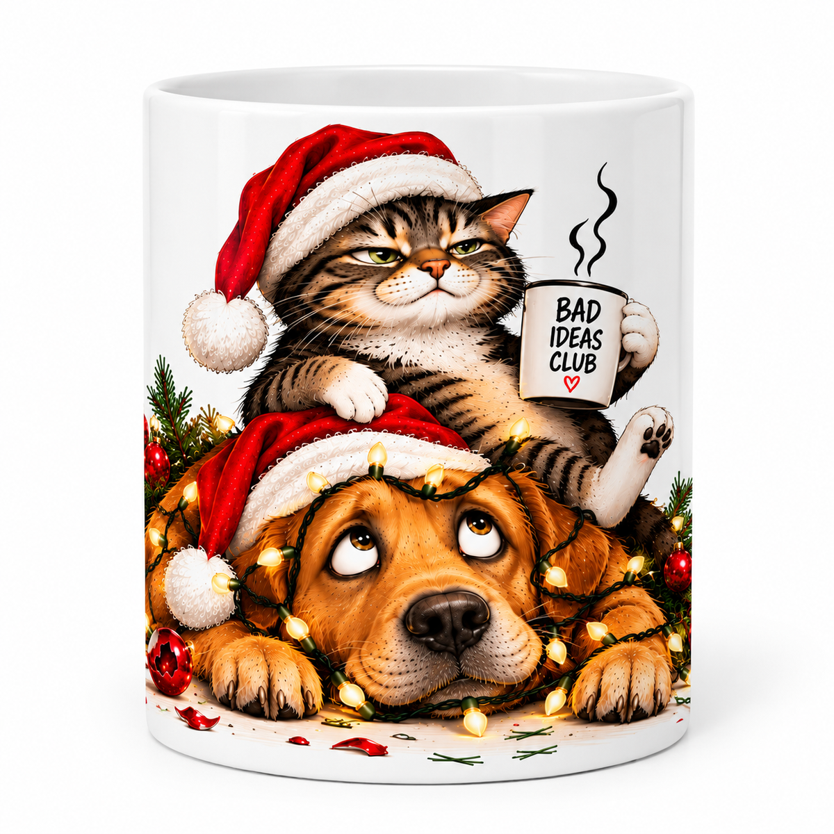 Funny Christmas cat and dog ceramic mug featuring a cat in a Santa hat sitting on a dog tangled in Christmas lights.