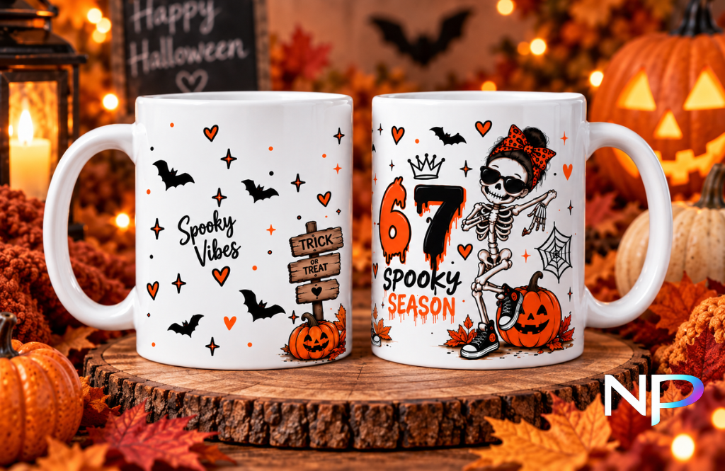 Halloween skeleton mugs with 67 Spooky Season and Spooky Vibes designs