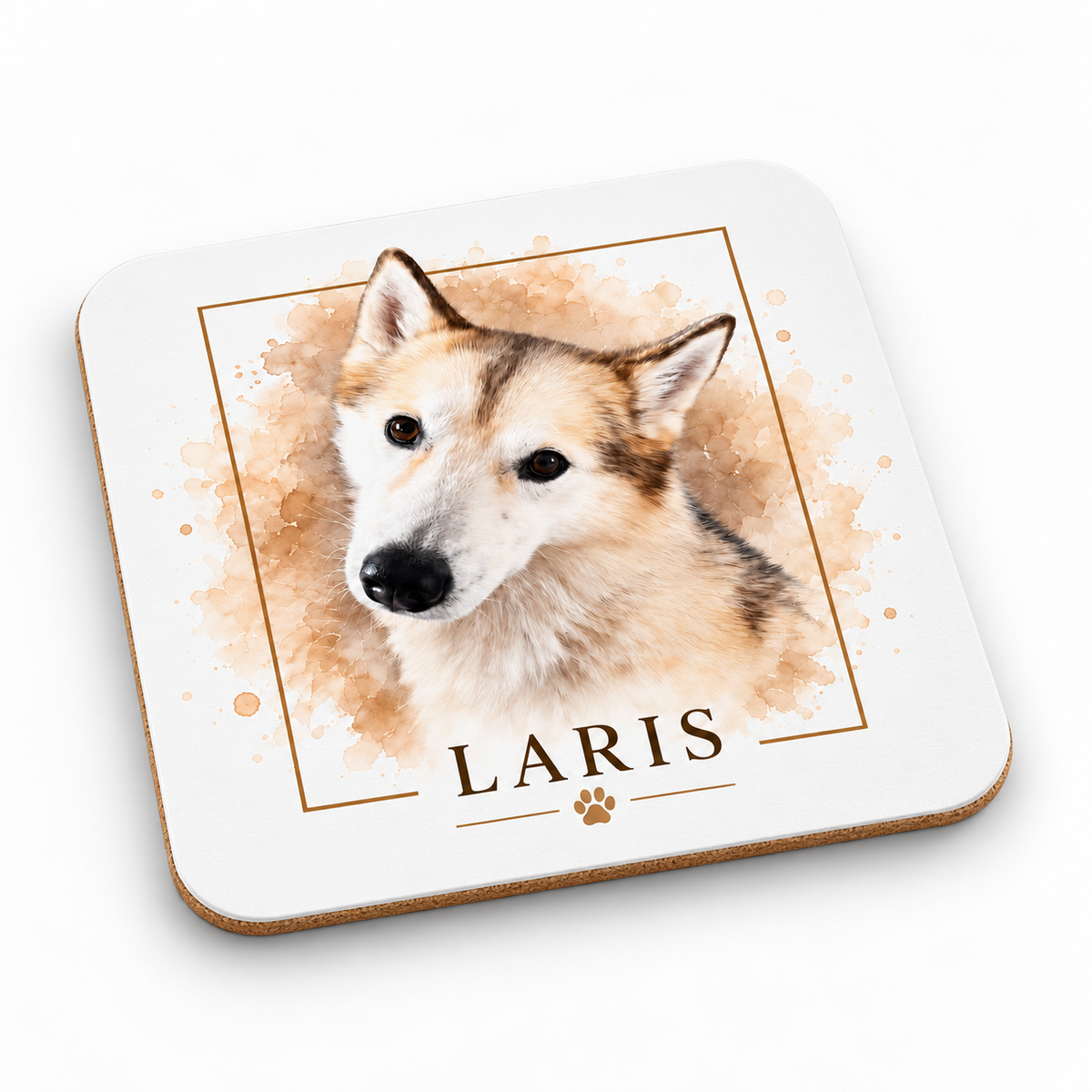 Personalized pet photo coaster with custom pet portrait and name
