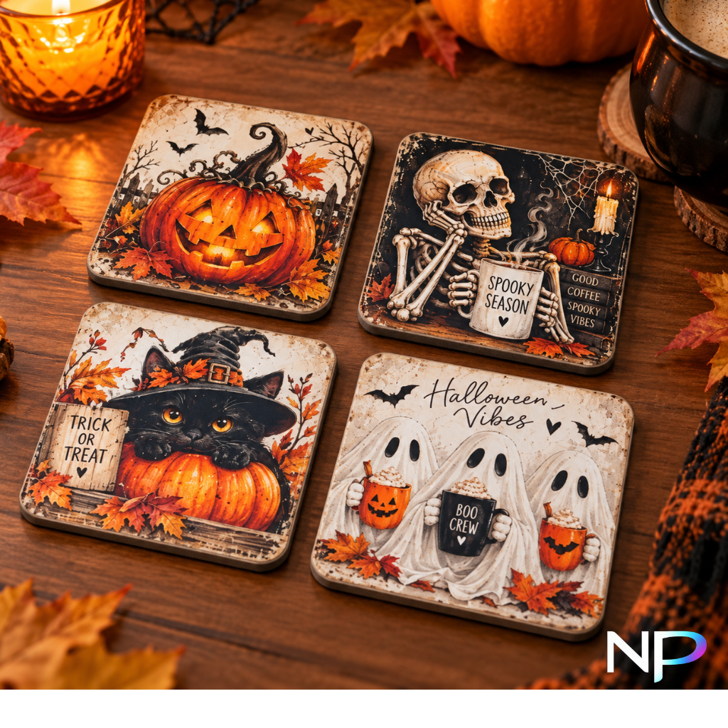 Halloween coaster set of 4 with pumpkin, skeleton coffee, witch cat and ghost designs on an autumn table.