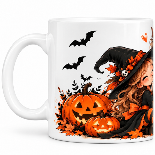 Left side of Halloween horse mug with witch, pumpkins and black bats