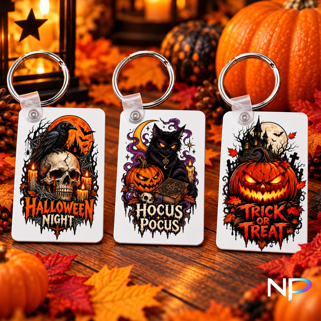  Three spooky Halloween keychains featuring black cat, Halloween Night and Trick or Treat pumpkin designs