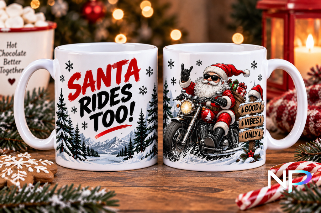 Motorcycle: Santa Rides Too Christmas mug with Santa riding a motorcycle