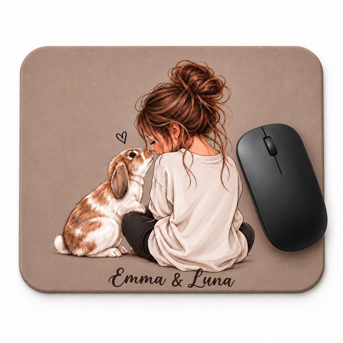Personalized rabbit mouse pad with girl and bunny illustration and custom names