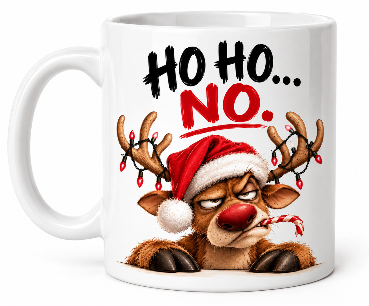 Funny Christmas reindeer mug with Ho Ho No design on white ceramic