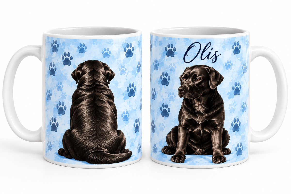 Personalized dog portrait ceramic mug showing front and back illustrations of black Labrador Olis