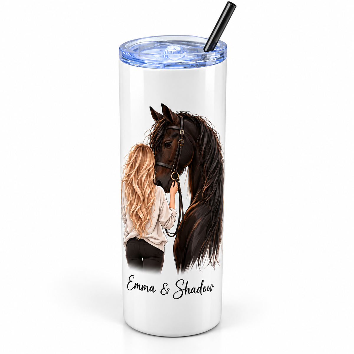 Personalized 600 ml horse tumbler with girl and dark horse design and custom names