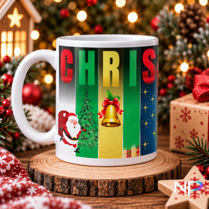 Colorful Christmas mug with festive CHRISTMAS wraparound design