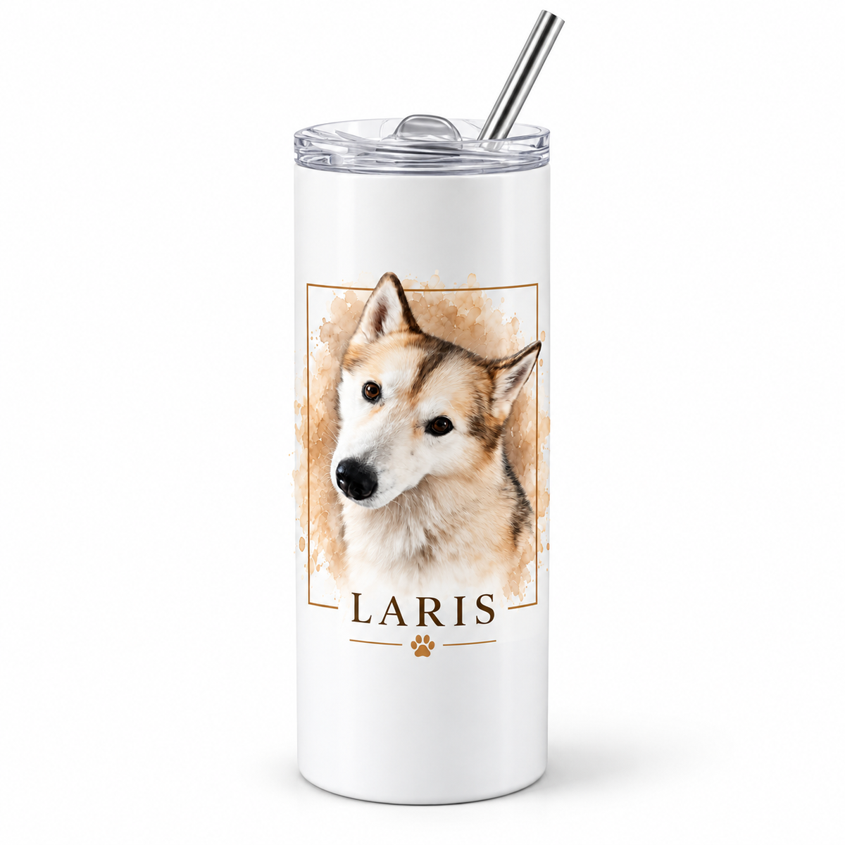 Personalized pet photo tumbler with custom husky portrait and name