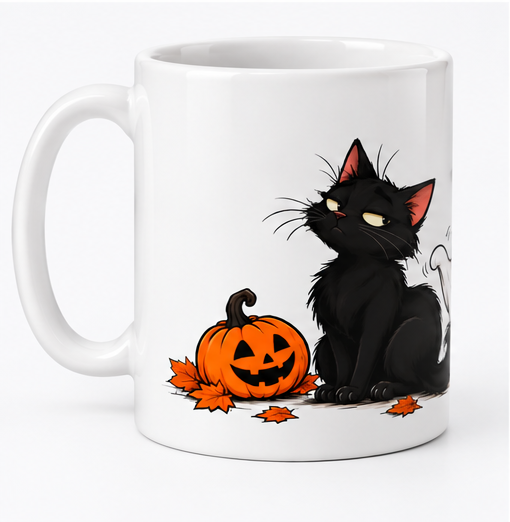  Black Cat Halloween Mug with pumpkin and ghost design