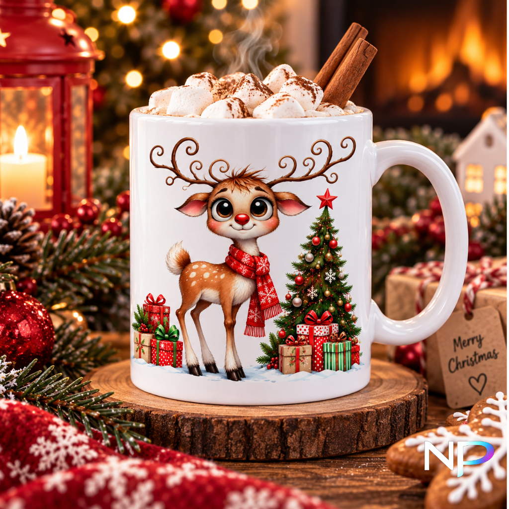 Stay Merry My Deer Friend Christmas mug with cute reindeer and Christmas tree 