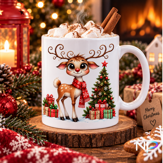 Stay Merry My Deer Friend Christmas mug with cute reindeer and Christmas tree 