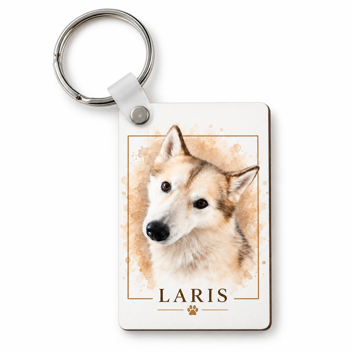 Personalized pet photo keychain with custom portrait and pet name
