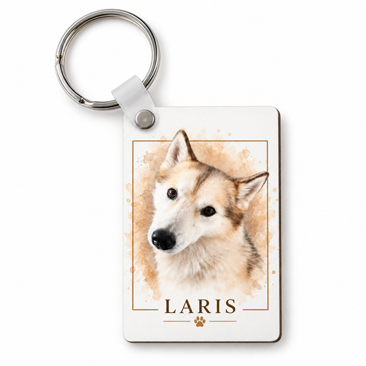 Personalized pet photo keychain with custom portrait and pet name
