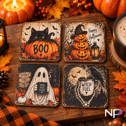 Vintage Halloween coaster set with black cat, pumpkins, ghost and witch coffee designs on an autumn table.