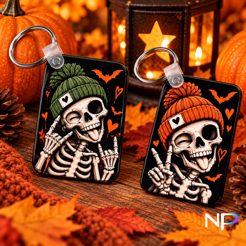 Two spooky skeleton Halloween keychains with orange and green beanie designs on an autumn background