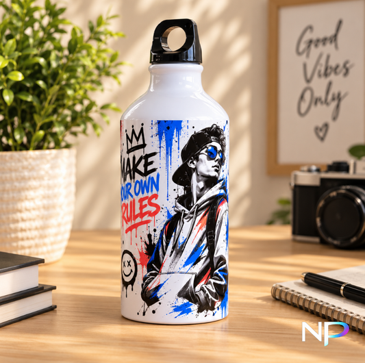 Graffiti style 400ml reusable water bottle with colorful motivational design