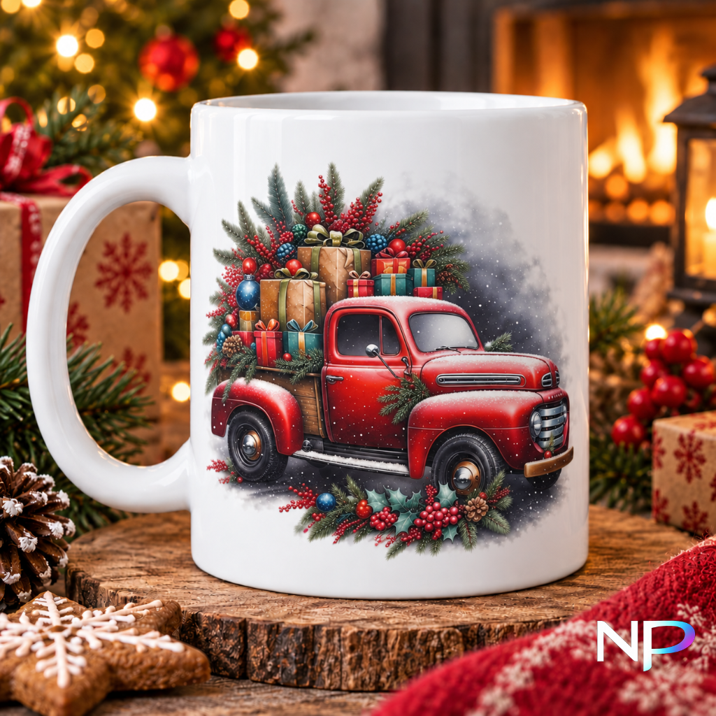 Vintage red truck Christmas mug with gifts and festive greenery