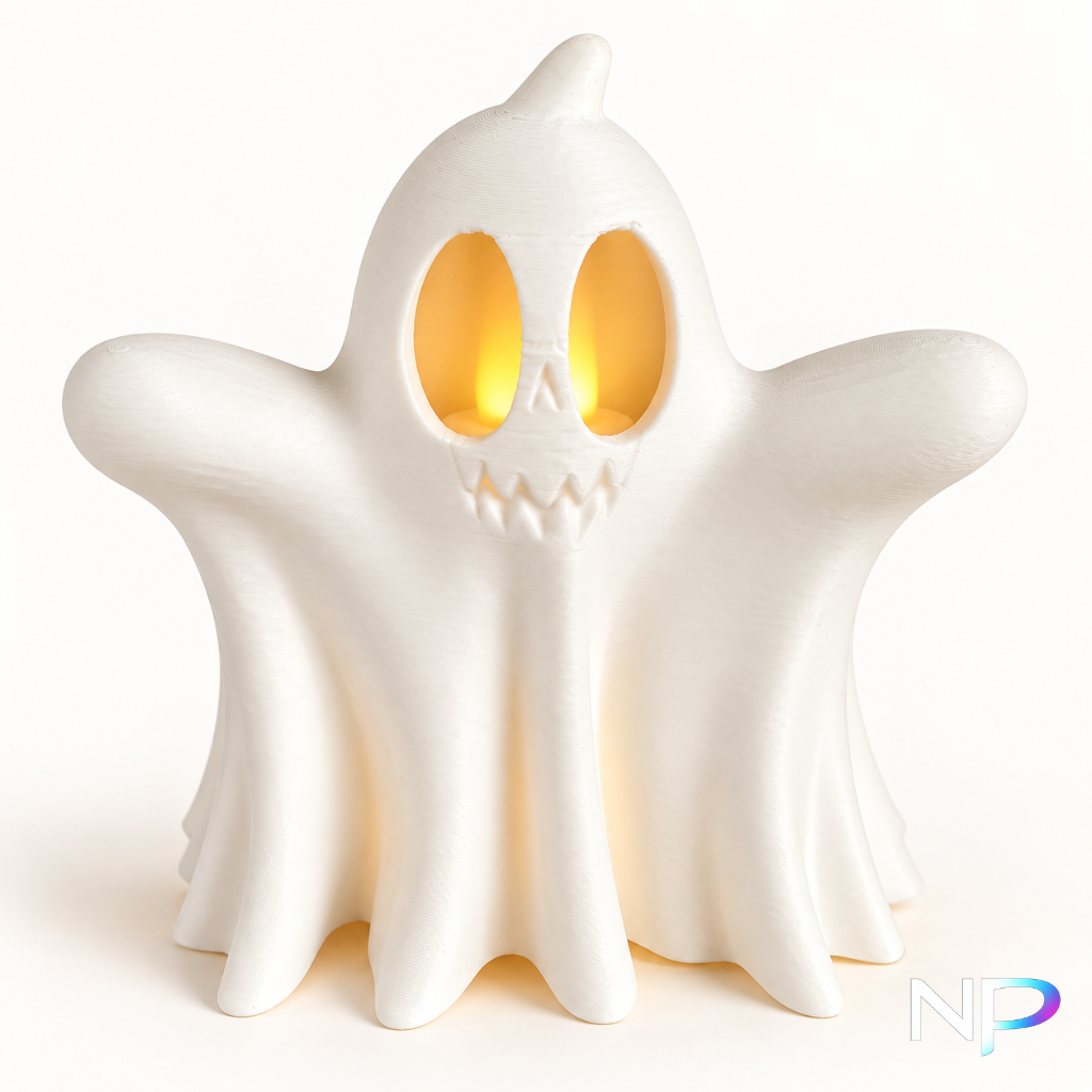 White 3D printed ghost LED tea light holder glowing with warm light