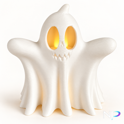 White 3D printed ghost LED tea light holder glowing with warm light