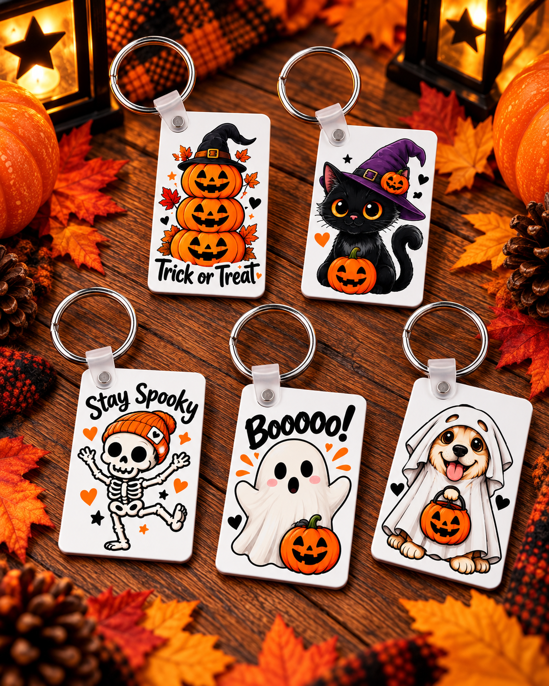 Five cute Halloween keychains with ghost, pumpkin, black cat, skeleton and dog designs displayed together
