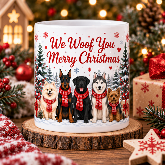 Christmas dog mug with We Woof You Merry Christmas design