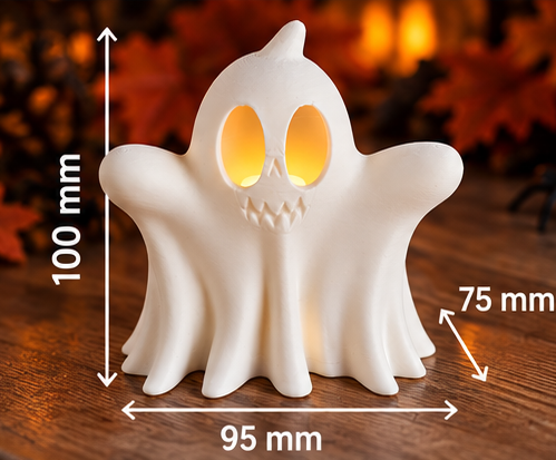 3D printed ghost Halloween decoration with glowing eyes in autumn setting